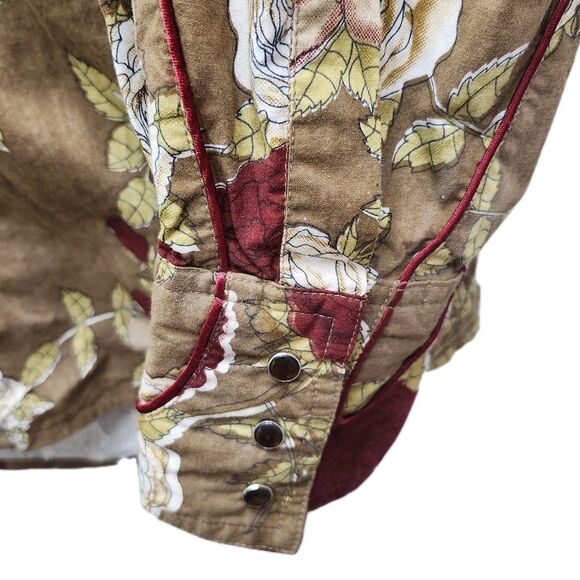 Vintage Project Red Western Shirt Mens L-XL Brown Red Floral Amber Snaps Casual - Picture 6 of 12